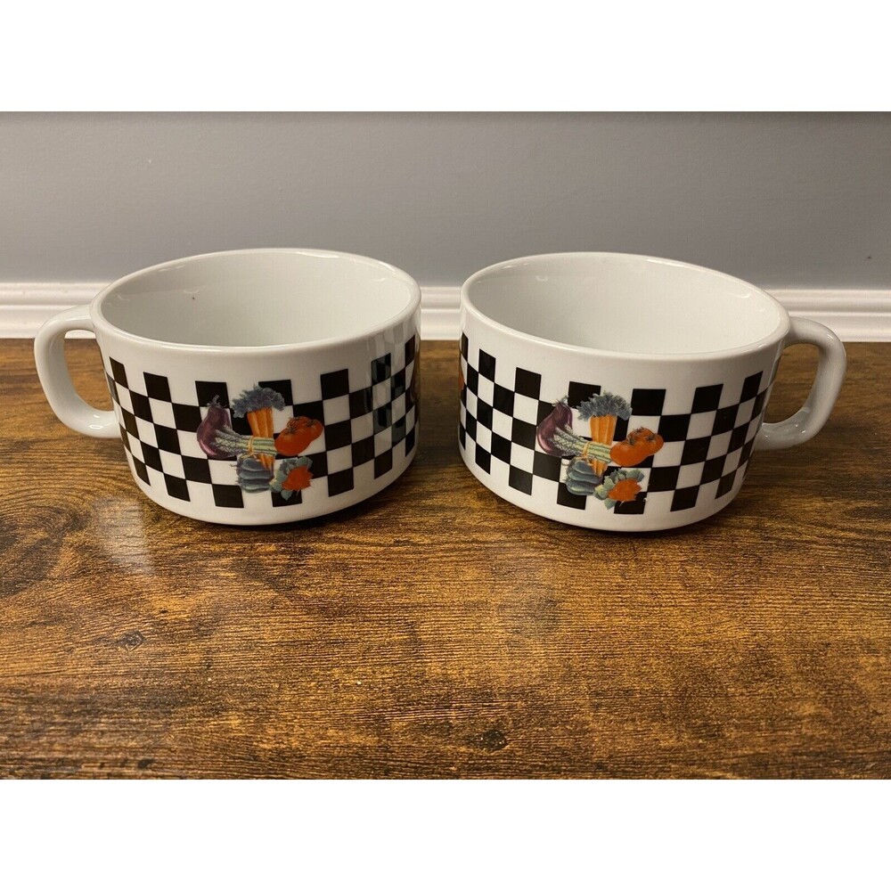Vintage Giftco Checkered Vegetables Soup Bowl Mug Set with Handles Stoneware